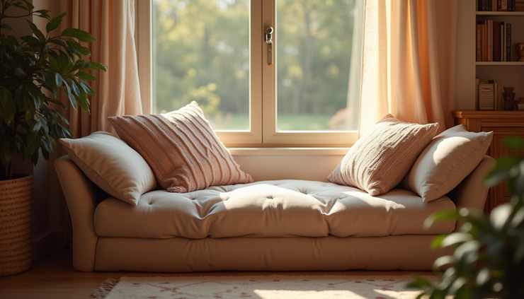 High angle view of a cozy reading nook with cushions and soft lighting