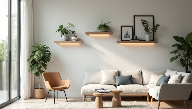High angle view of a living room with floating shelves displaying plants and decorative items