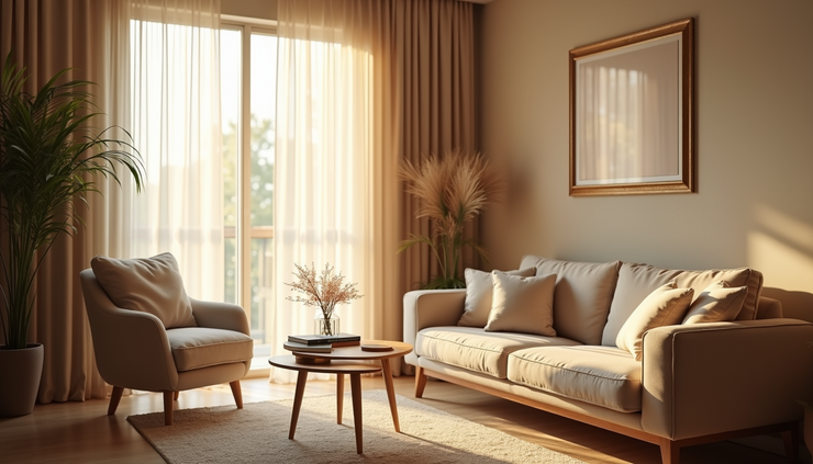 Eye-level view of soft morning light filtering through sheer curtains in a cozy living room