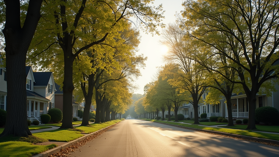 Eye-level view of a charming suburban street lined with trees and houses