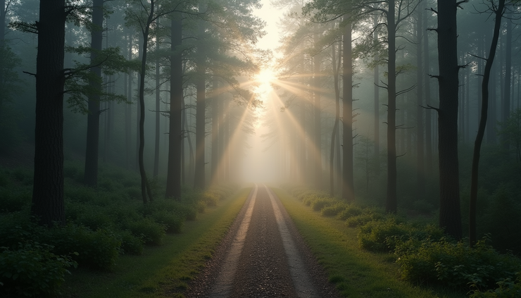 Close-up view of a winding forest path disappearing into mist