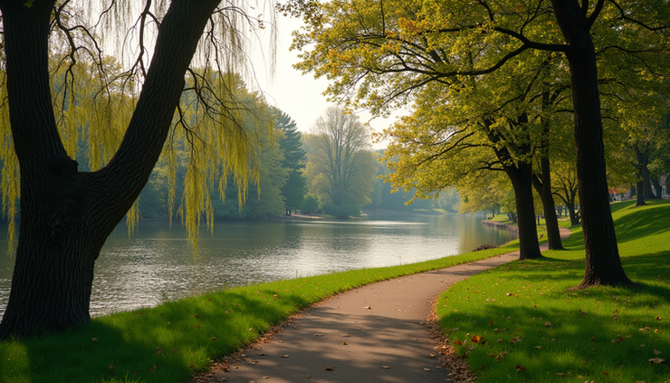 Eye-level view of a walking trail along the Charles River in Newton with trees and water