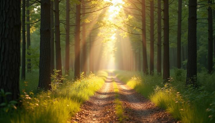 Eye-level view of a calm forest path with soft sunlight filtering through the trees