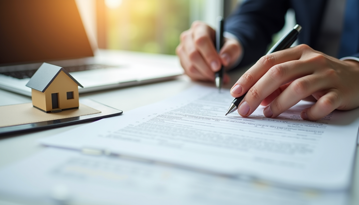 High angle view of a real estate contract with pen and house model