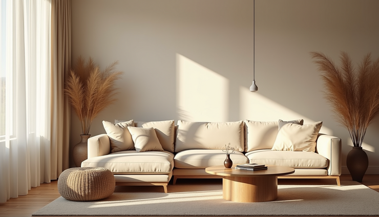 Eye-level view of a cozy living room with a soft throw blanket on the sofa