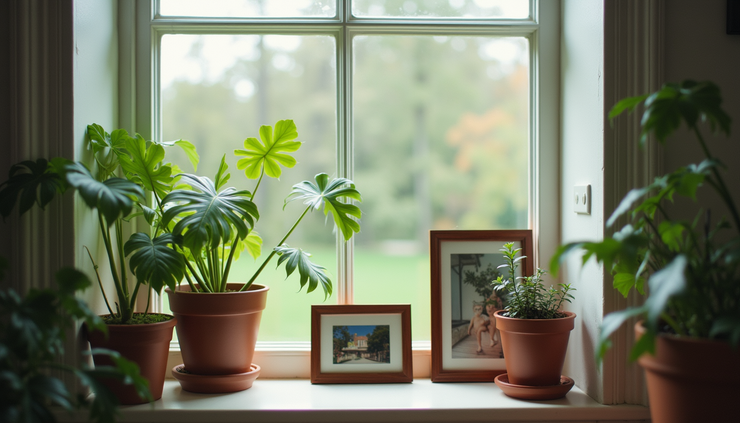 Close-up of a windowsill with potted plants and framed photos