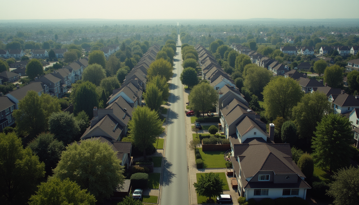 High angle view of residential neighborhood with tree-lined streets in Waltham