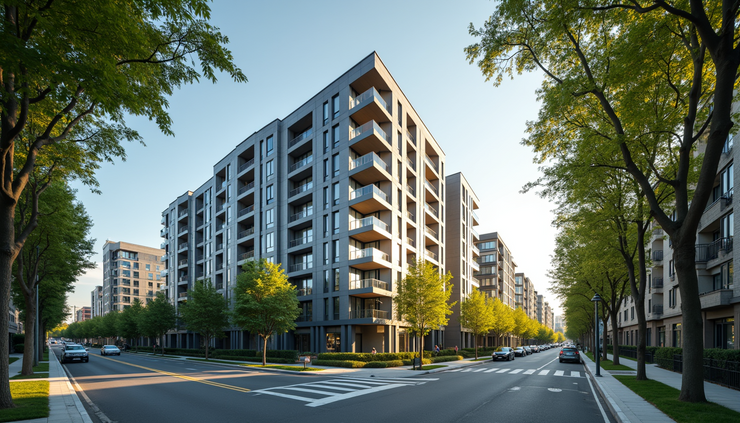 Eye-level view of a modern condo building in Malden with tree-lined street
