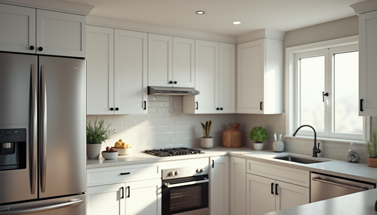 Close-up view of a modern kitchen with stainless steel appliances and white cabinetry