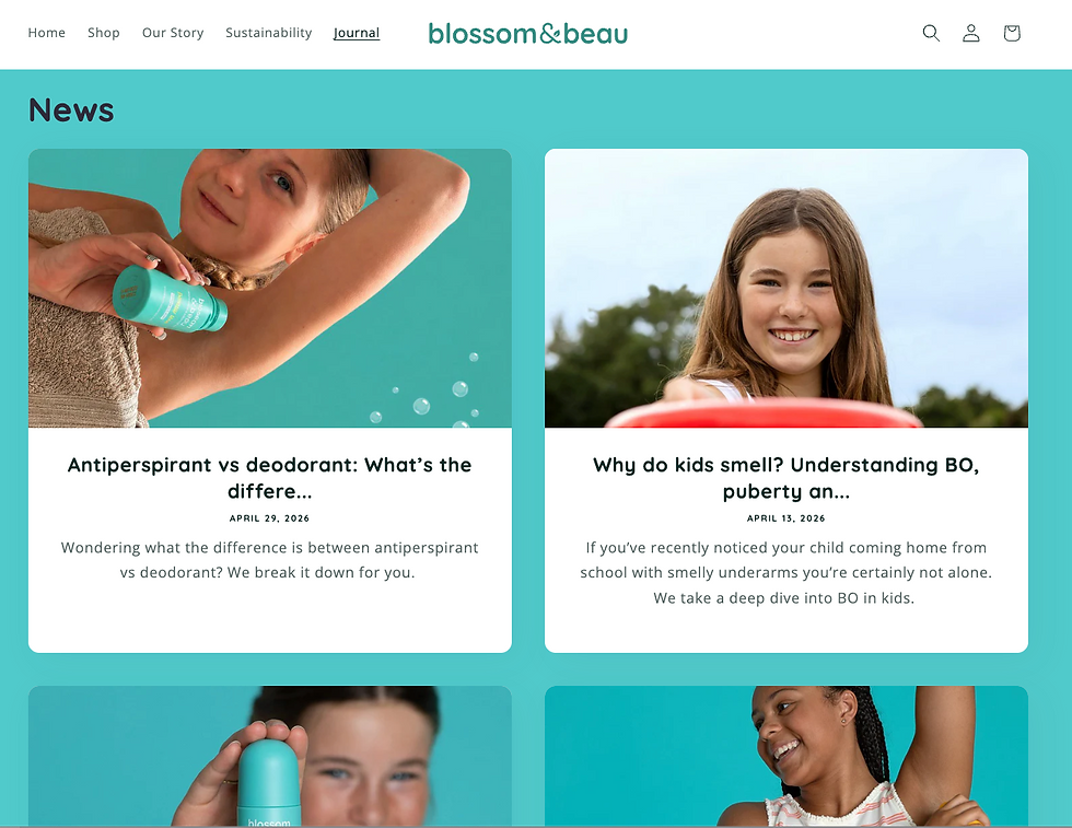 Picture of blog posts for natural deodorant brand Blossom & Beau