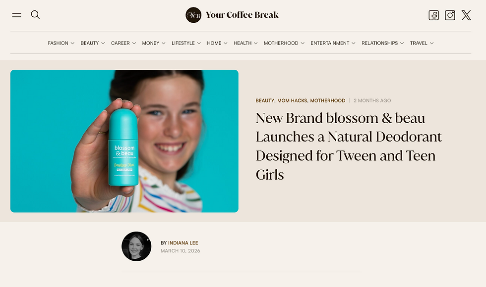 Picture of digital publication Your Coffee Break showing coverage of natural deodorant brand Blossom & Beau