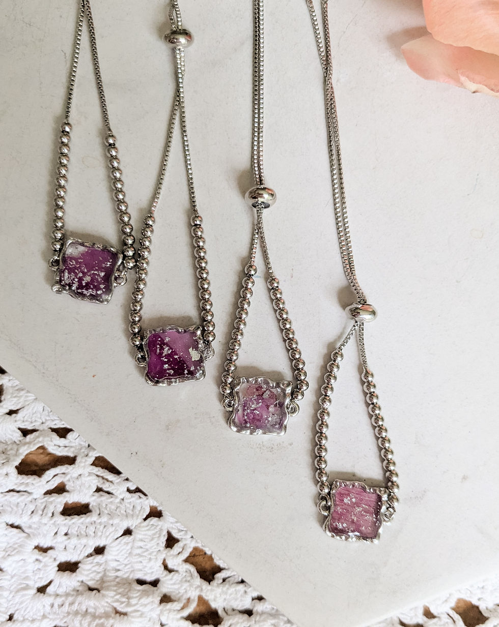 Thumbnail: Silver Pressed Peony Adjustable Bracelets 