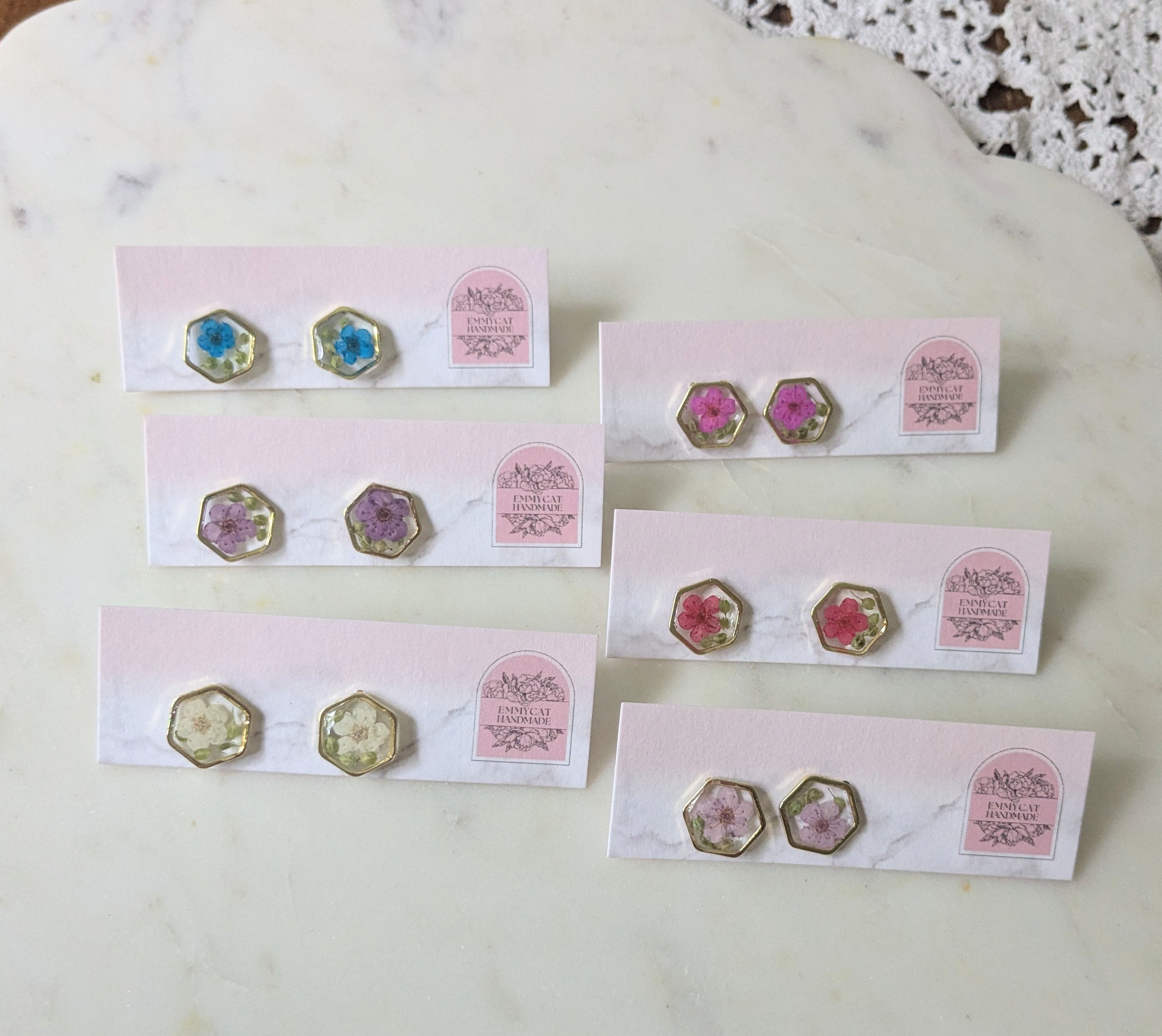 Gold Hexagon Pressed Flower Studs