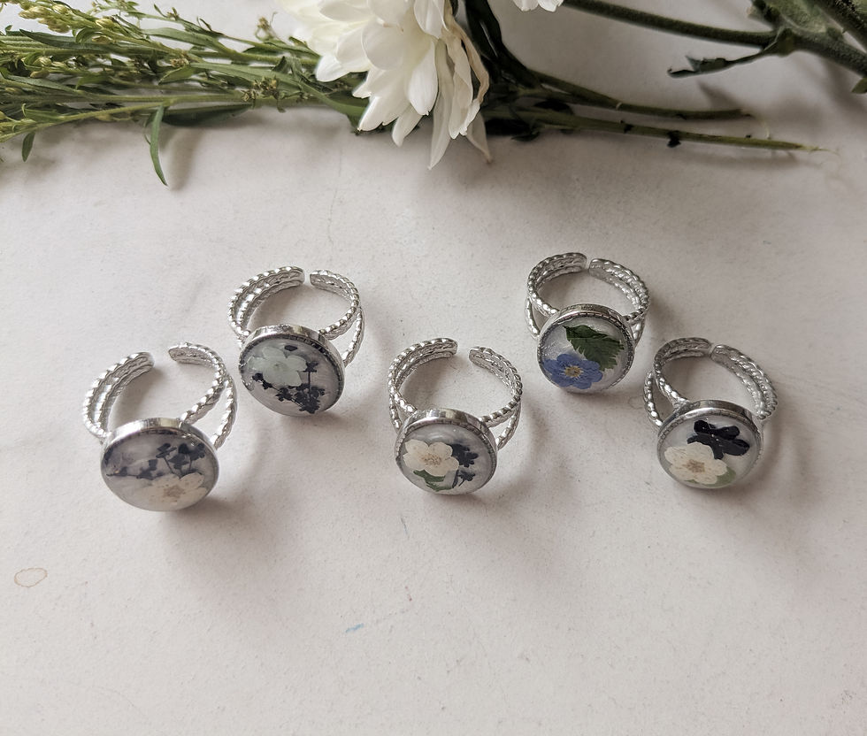 Thumbnail: Silver w/ White Background Pressed Floral Adjustable Rings
