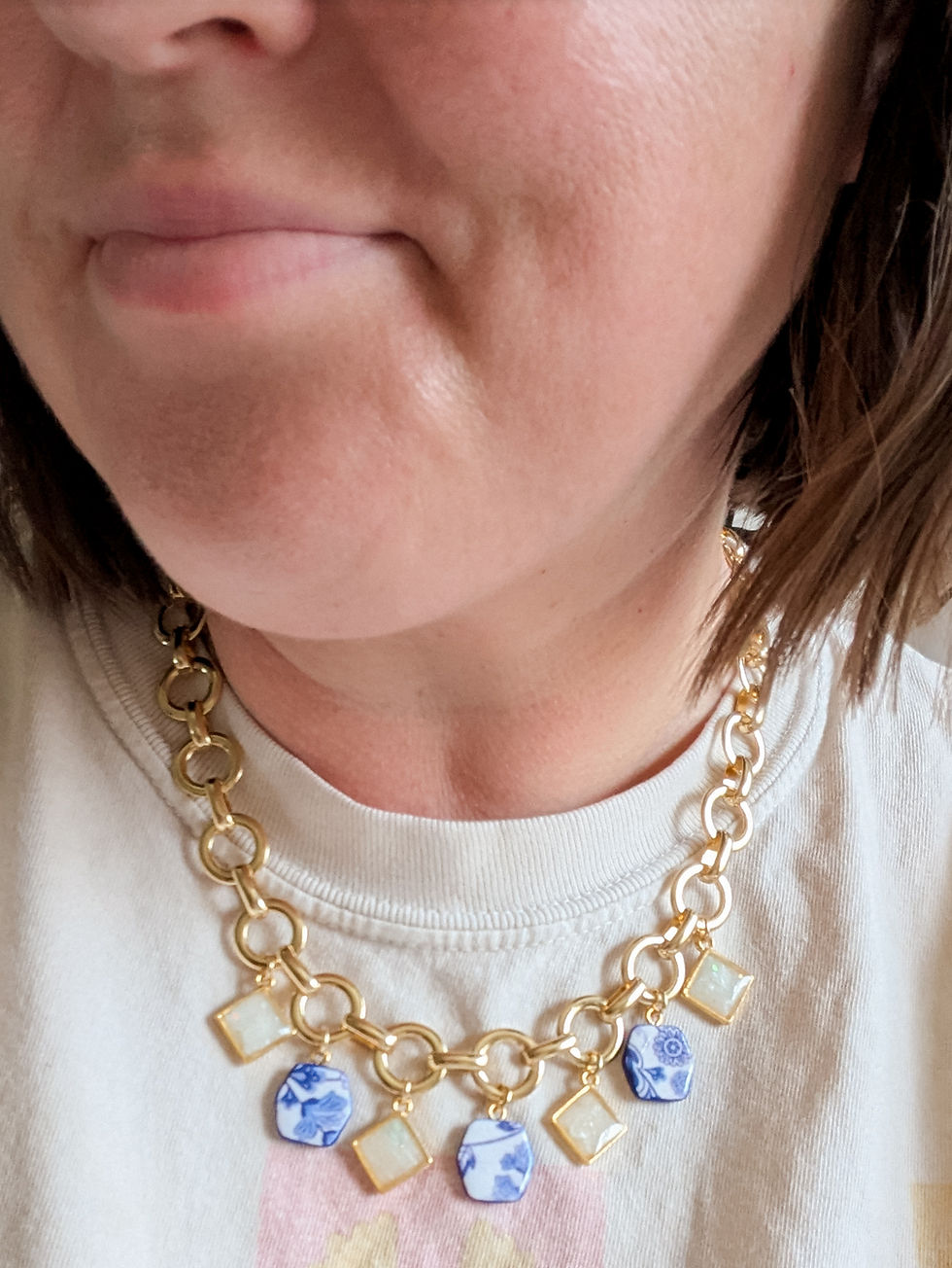 Thumbnail: Chunky Delft & Fauxpal Charm 20" Necklace