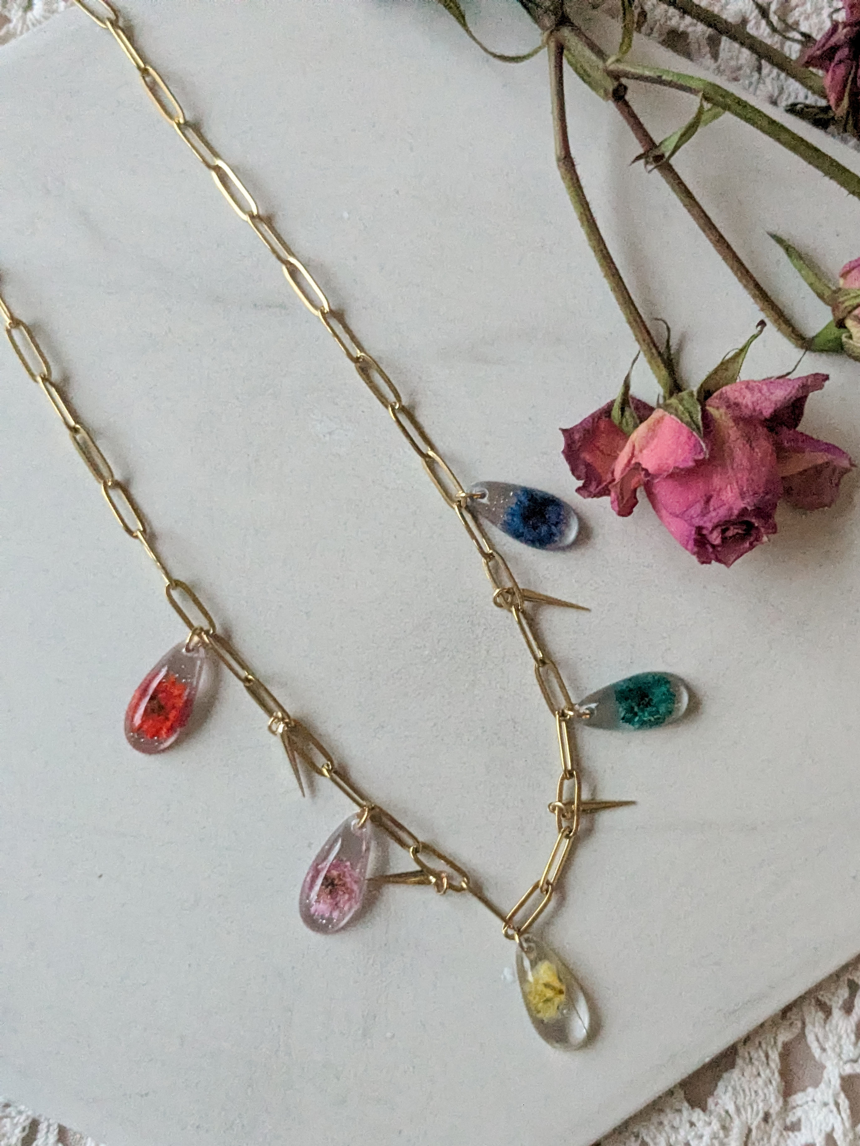 Pressed Flower Teardrop charm Necklace #1