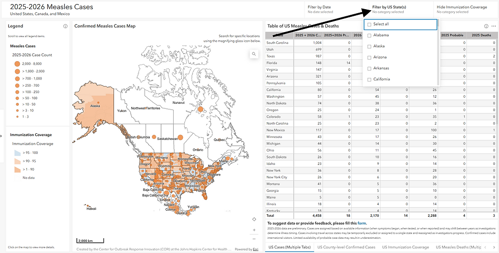 Click to select state(s): 'Filter by US States'