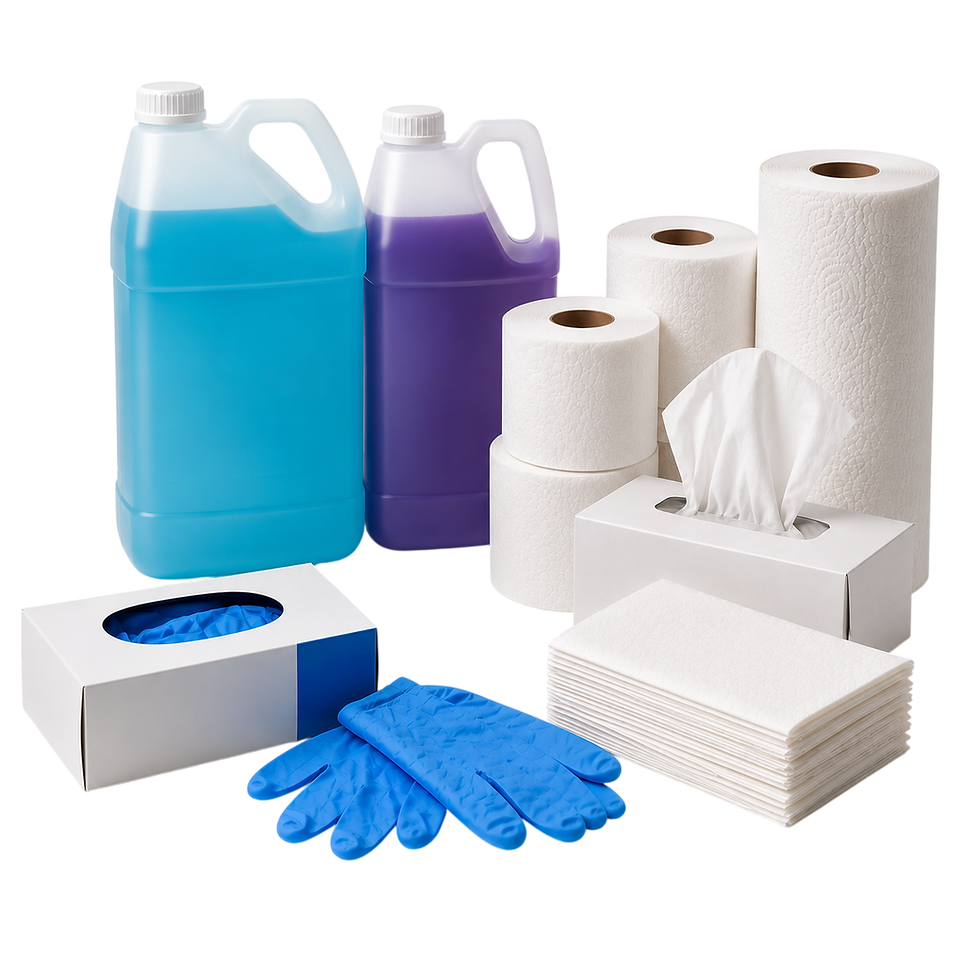 Cleaning liquids, paper towels, tissues, and blue disposable gloves