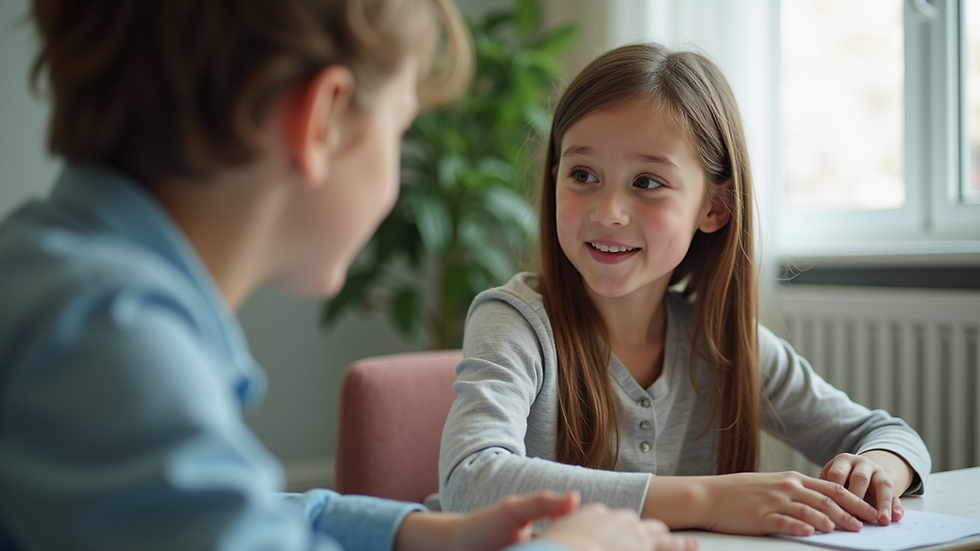 Eye-level view of a therapist working with a child on communication skills