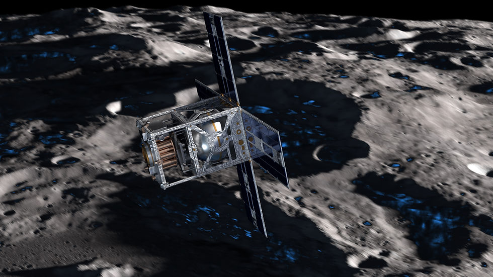 Rendering of the Oasis-1 advanced small satellite in ultra-low polar orbit around the Moon