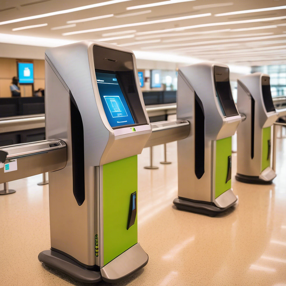 Silver and green facial recognition screening stations with screens lit up in blue are in a row at an airport.