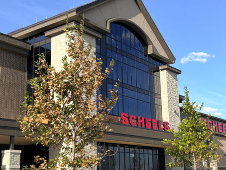 Scheels storefront with large glass windows, trees, and a parked SUV under a bright blue sky.