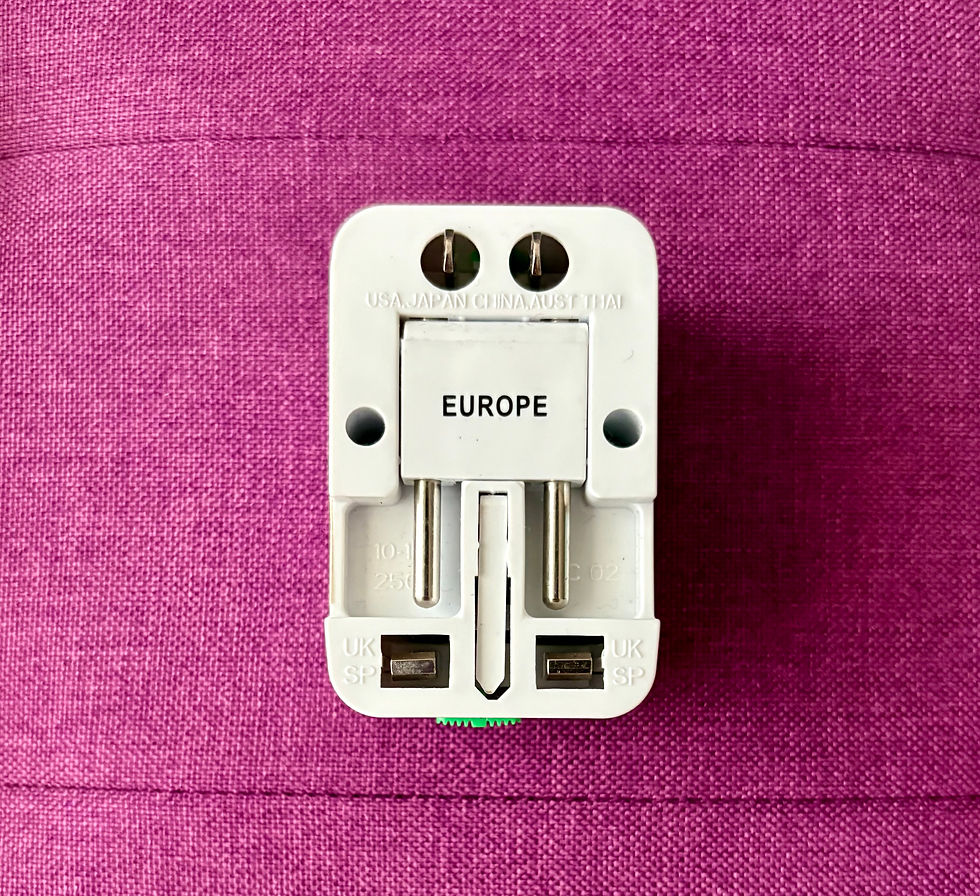 White travel adapter labeled "EUROPE" against textured pink background. Adapter prongs visible.