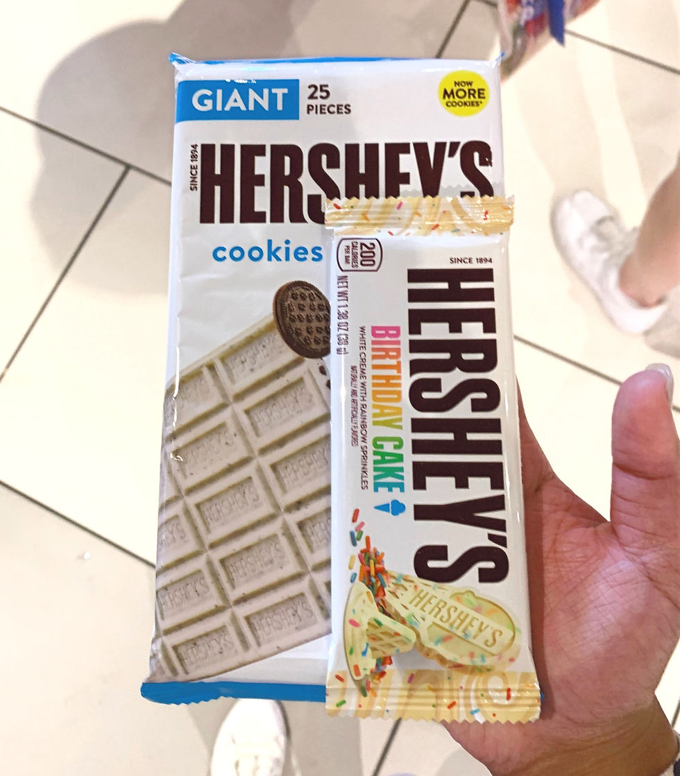 Size comparison of Hershey's bars. The birthday cake flavor in the regular size is stacked on top of the giant size cookies and cream bar that has 25 pieces.