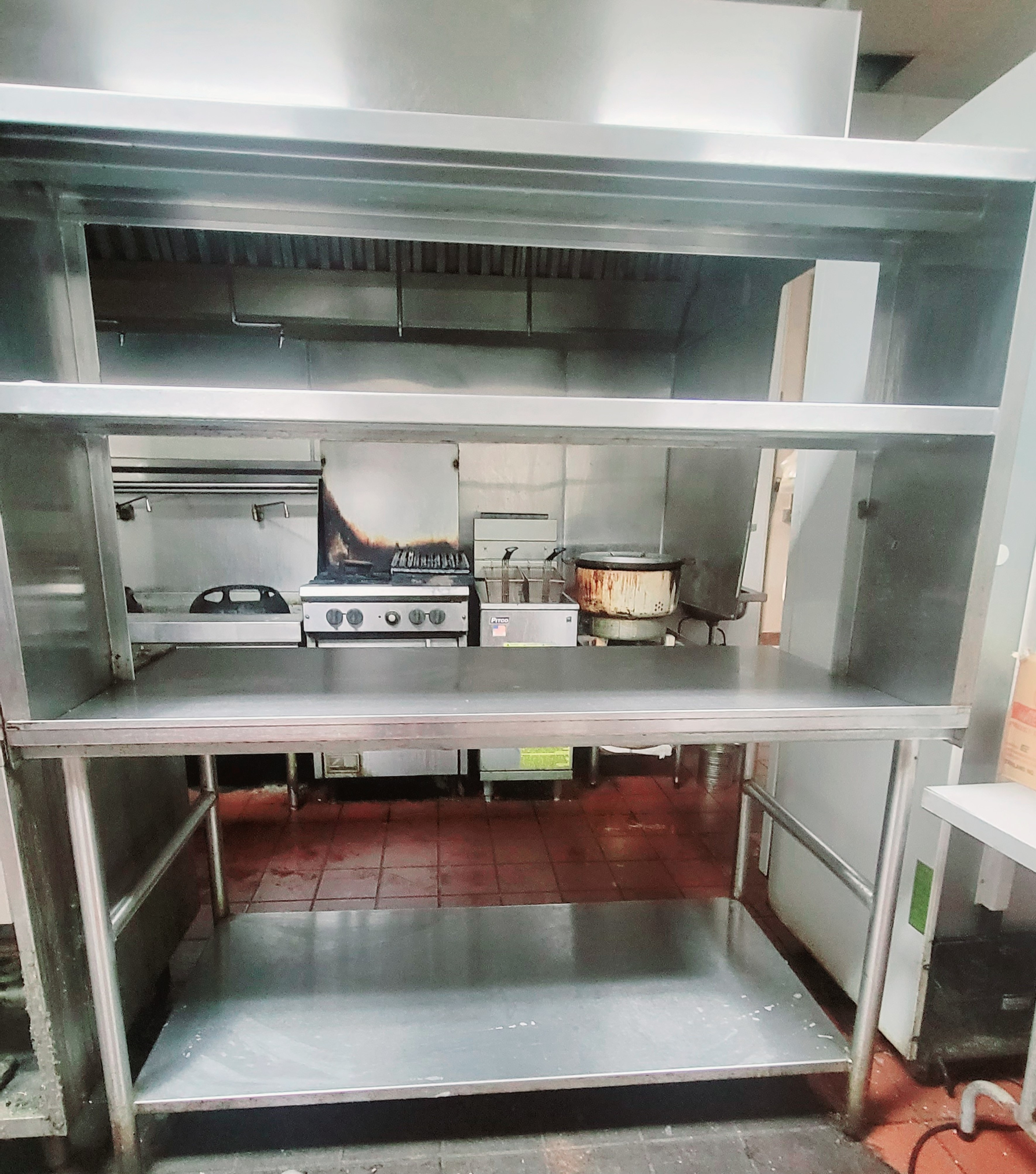 Stainless Steel Prep Table with 2 long overhead shelves and one undercounter she
