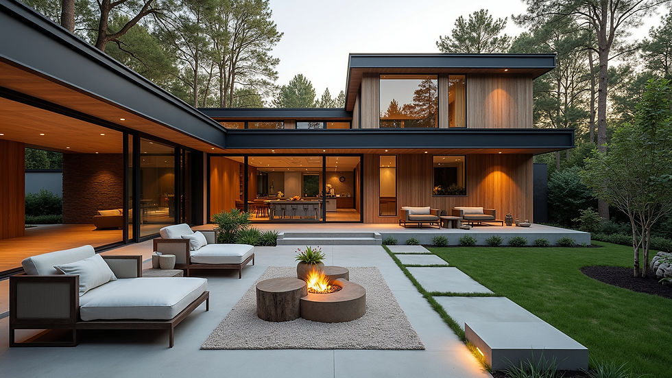 High angle view of a custom home exterior with outdoor seating