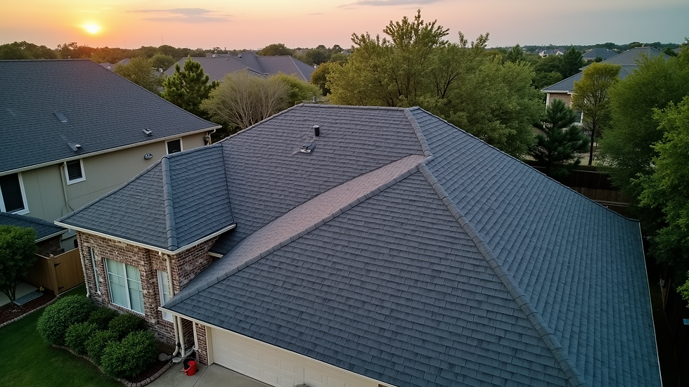 High angle view of a newly installed asphalt shingle roof on a Houston home