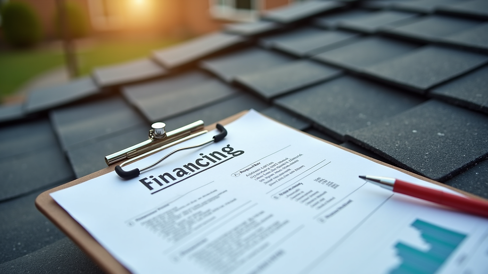 Close-up view of a newly installed roof with financing paperwork on a clipboard