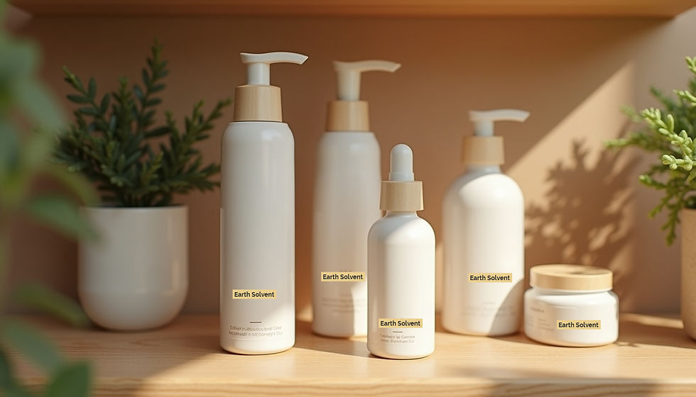 White skincare bottles and jars with wooden accents on a wooden shelf. Green plants in the background. Bright, natural lighting.