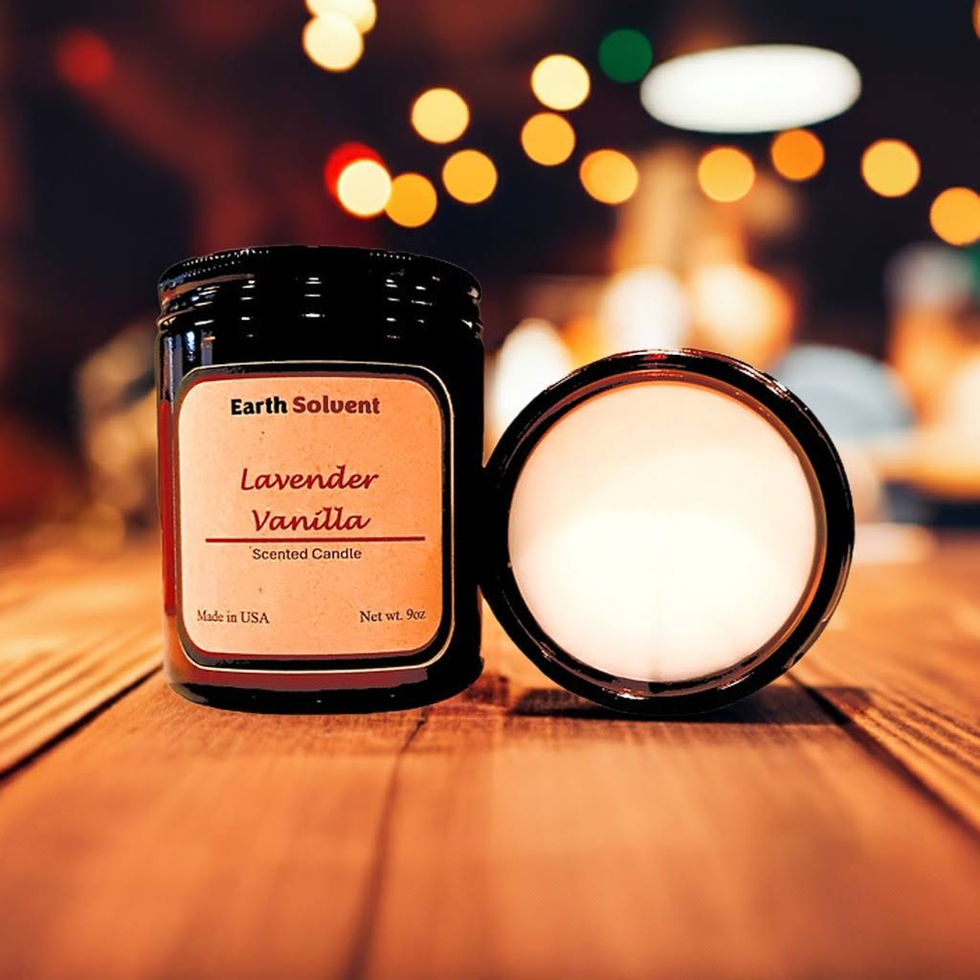 Earth Solvent Organic Soy Candle Lavender Vanilla on table with back light