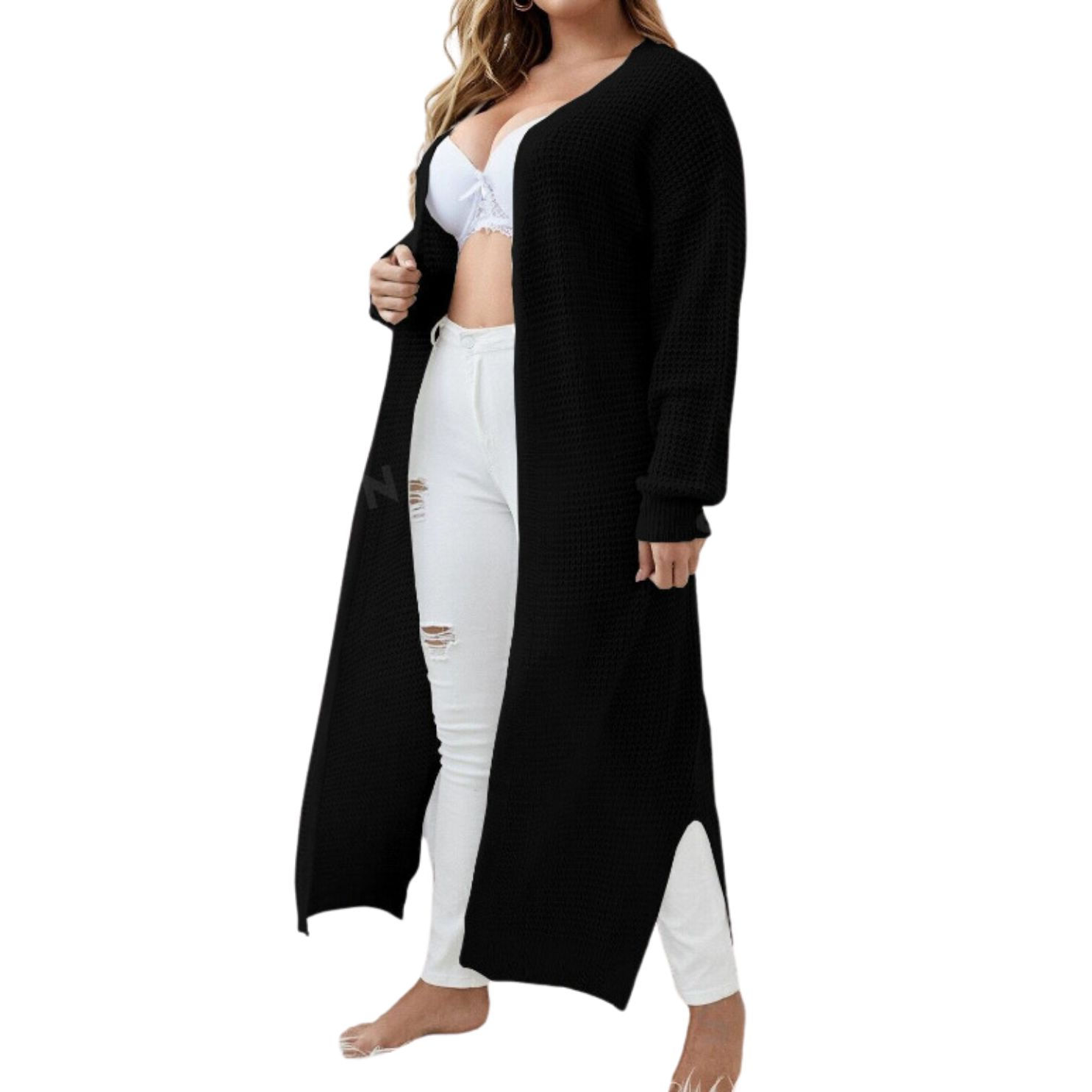 Plus Drop Shoulder Split Hem Cardigan