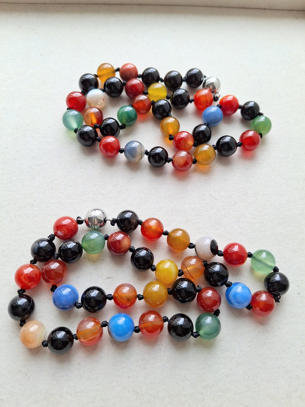 Thumbnail: Multi Coloured Agate Beads Individually Knotted with Magnetic Clasp