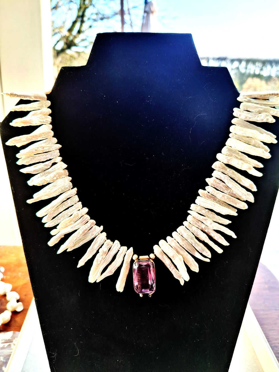 Thumbnail: White Biwa Pearls with 12ct Emerald Cut Amethyst.