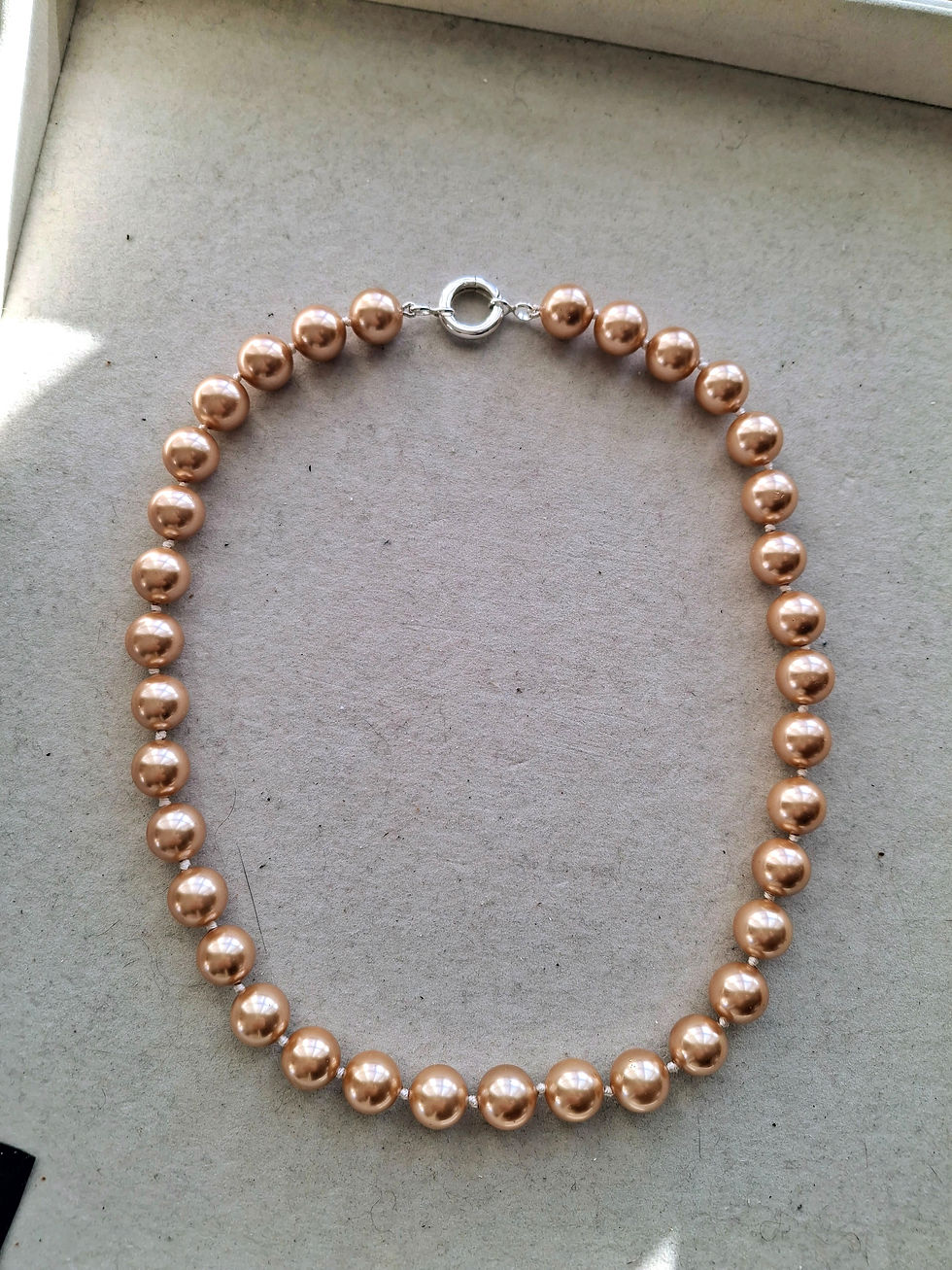 Thumbnail: Dark Honey/Caramel Shell Pearl Necklace  Knotted with Silver Ring Clasp