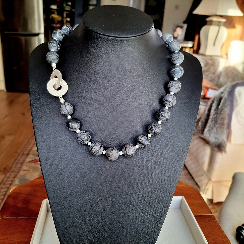 Thumbnail: Grey Picasso Jasper Beads with Brushed Sterling Silver Spacers & Designer Clasp