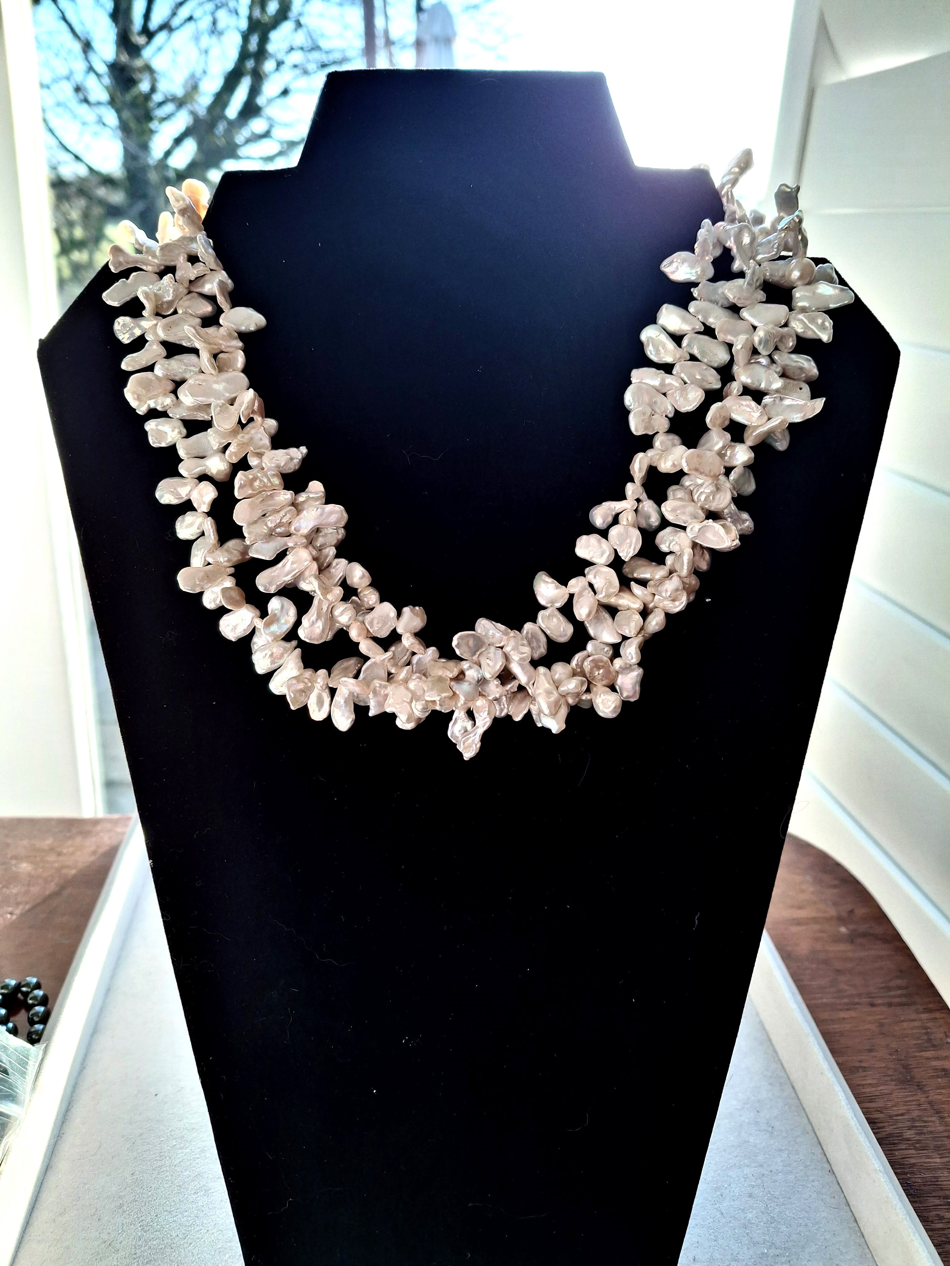 3 Strand White Keshi Pearl Necklace with Gold Plated Designer Clasp