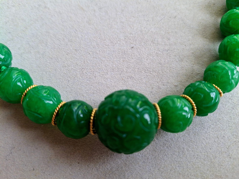 Thumbnail: Enhanced Green Jade Knotted Carved Bead Necklace
