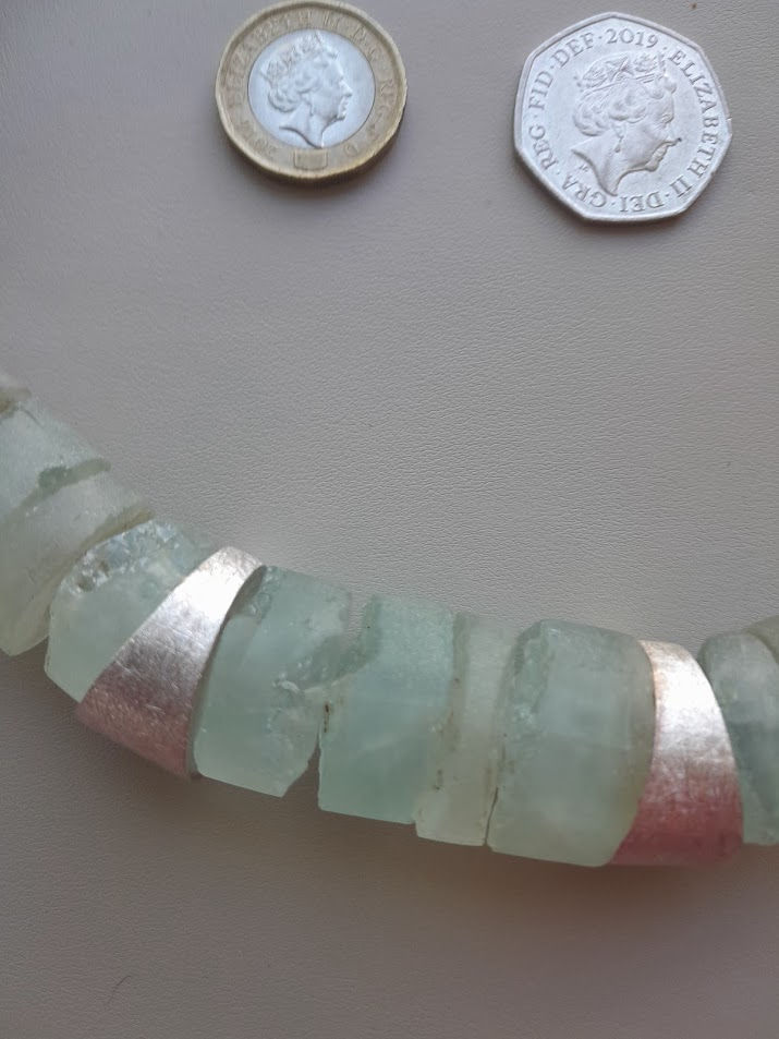 Thumbnail: Aquamarine Unpolished Heishi Wheels with Large Sterling Silver Wedges