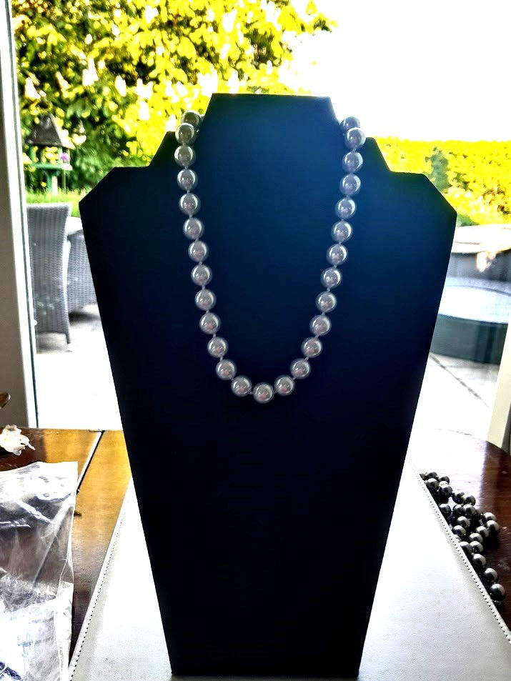 Thumbnail: Light Silver Grey Shell Pearl Necklace, Knotted with Bolt Ring Clasp
