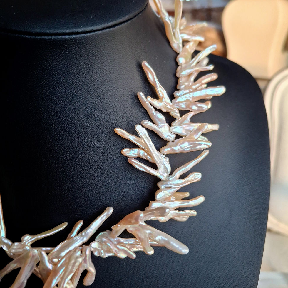 Thumbnail: Silver Pink Freshwater Feather Pearls with Brushed Sterling Silver Designer Clas