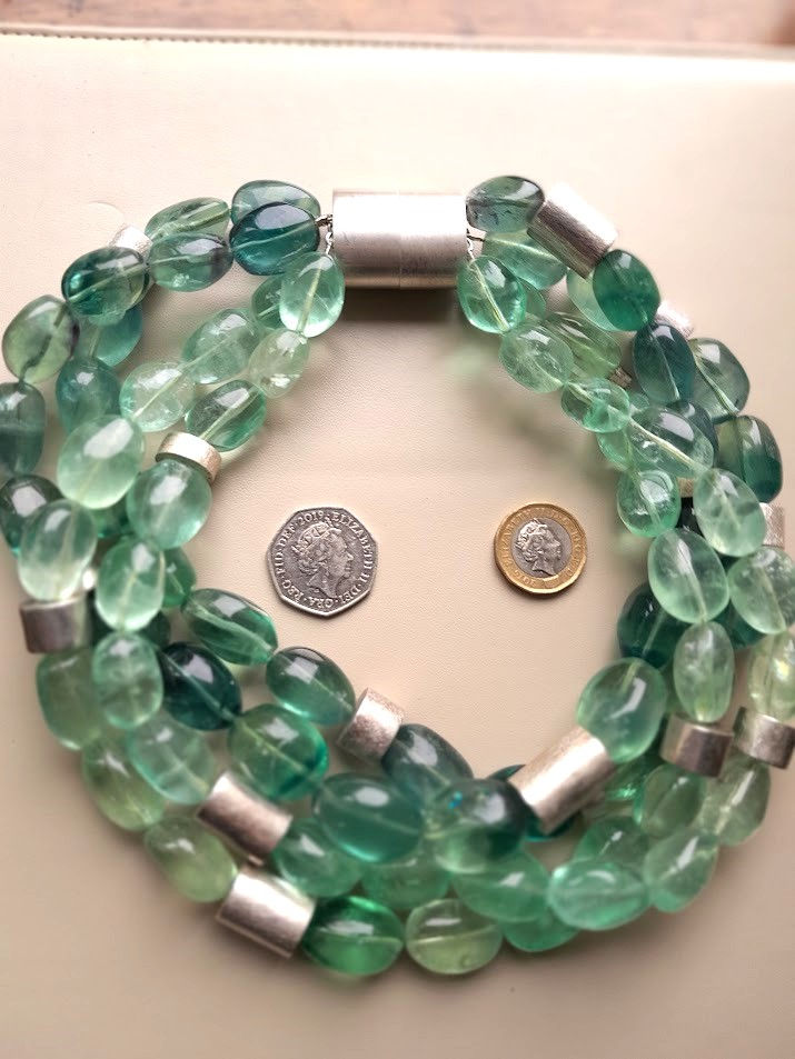 Thumbnail: 4 Strand Fluorite Large Green Beads & Sterling Silver Tube Spacers