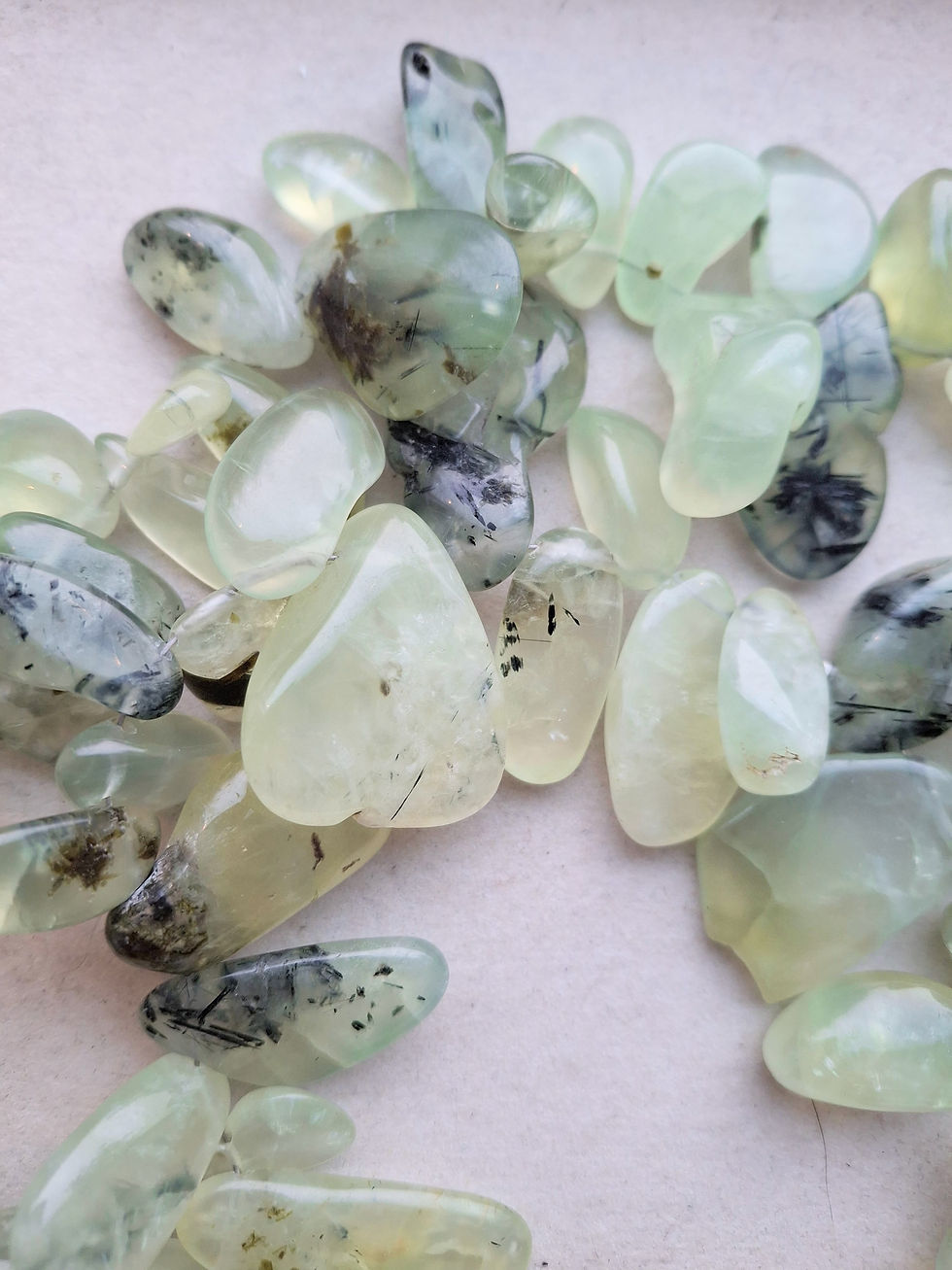 Thumbnail: Long Prehnite polished drops Necklace