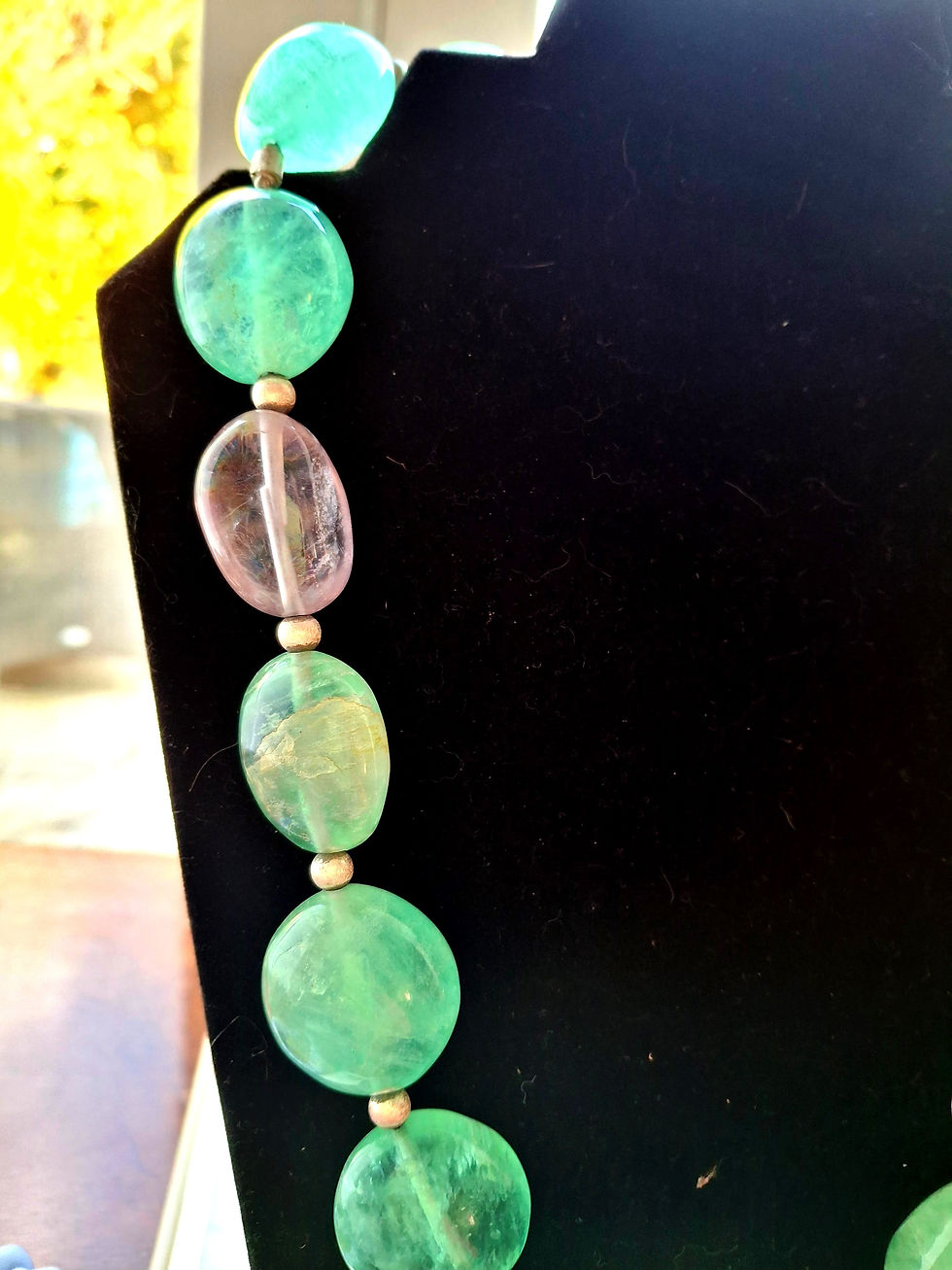 Thumbnail: Large  Fluorite Green Pebbles, one Mauve & Large Sterling Silver Clasp