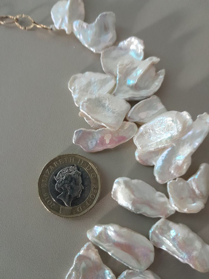 Thumbnail: White Freshwater Biwa Pearls, Fabulous Luster with Gilt Lobster Clasp