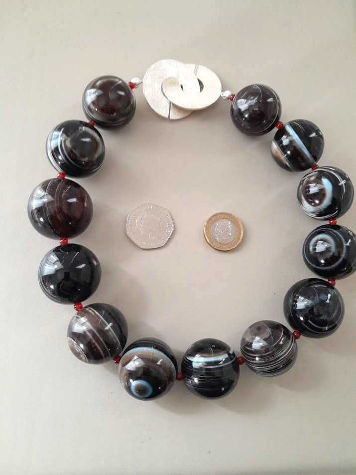 Thumbnail: Large Botswana Agate black/White/Brown Bead Necklace