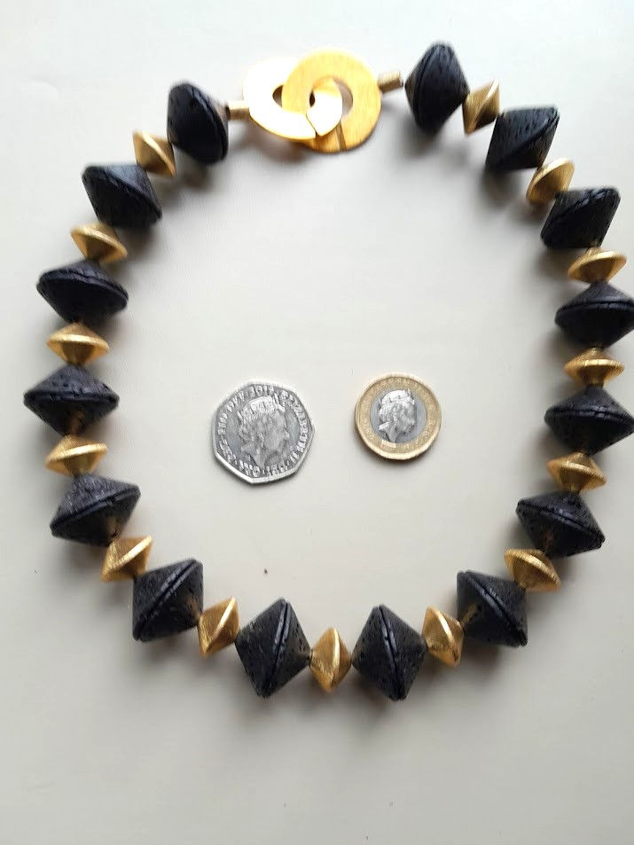Thumbnail: Black Lava Disks with 22K Brushed Gold Plated Sterling Silver Disks & Clasp